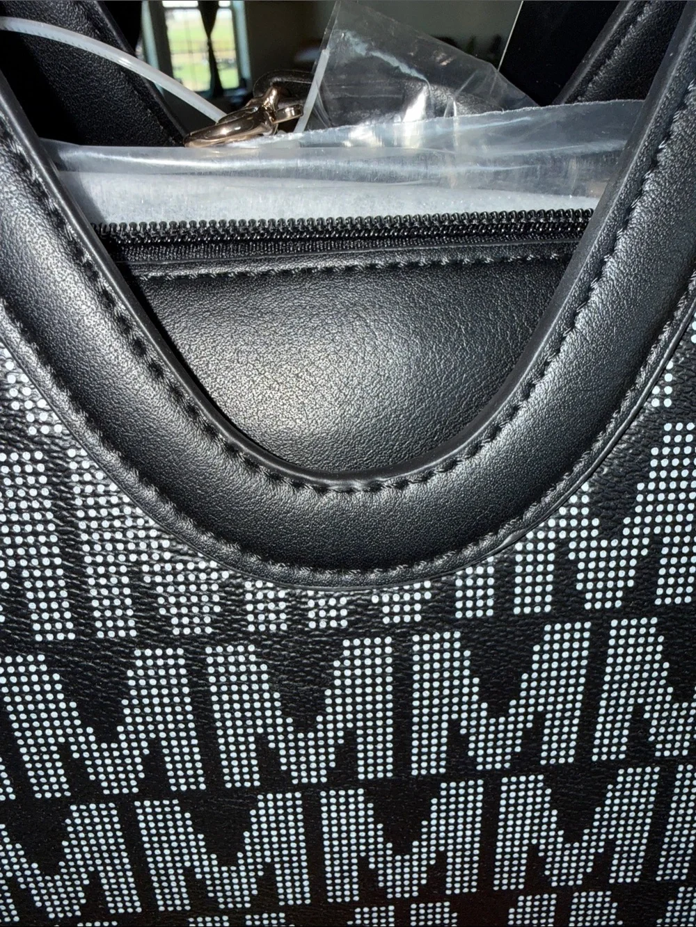 Black Patterned Top-Handle Women’s Bag with Front Zip Pocket w/wallet